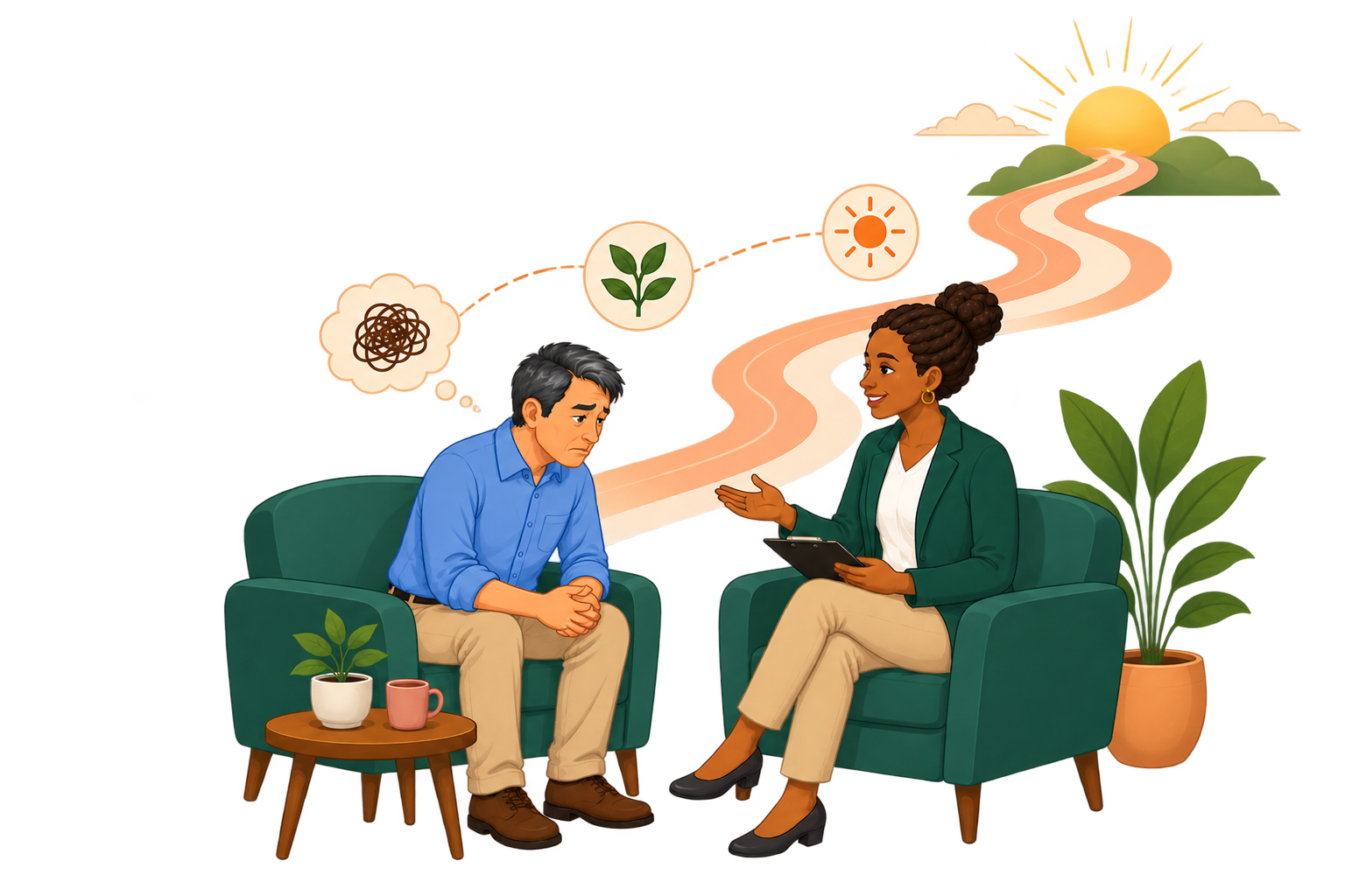 Illustration of a therapist and patient in conversation, with a path leading toward a brighter, clearer outlook