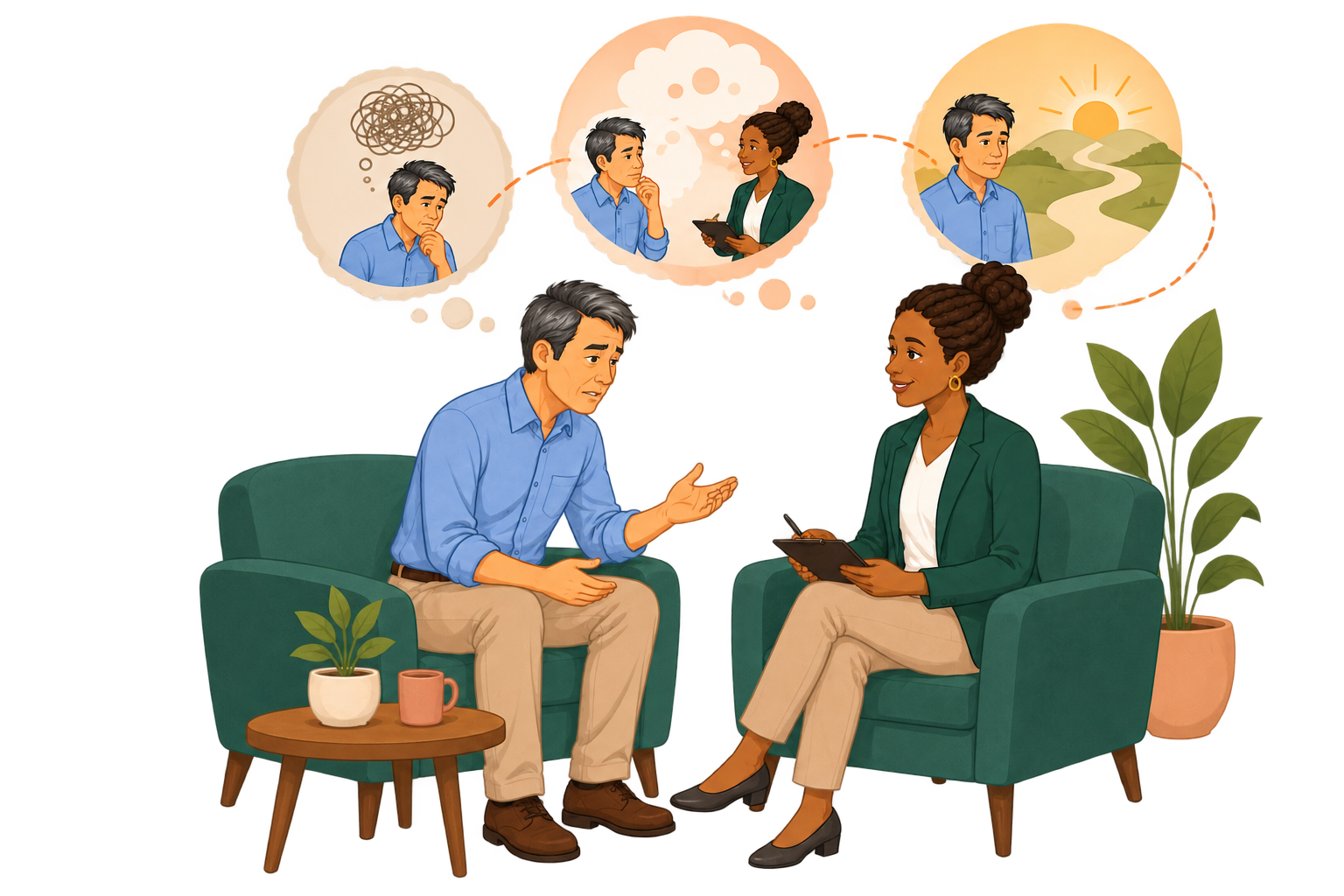 Illustration of a therapist and patient in conversation, with the patient's thoughts shifting from tangled and uncertain to clear and hopeful