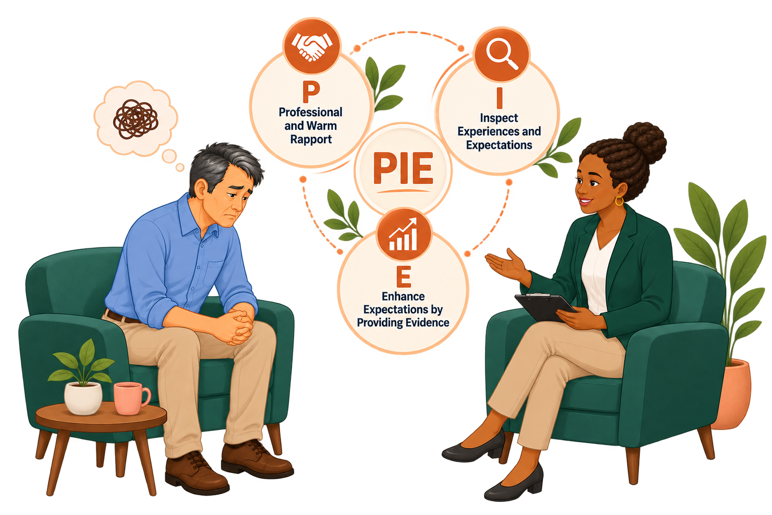 Illustration of a therapist offering a patient the PIE model: Professional and warm rapport, Inspect expectations, Enhance expectations via evidence and rationale.